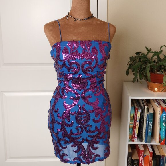 Y2K Royal Blue Purple Sequin Mesh Bodycon Mini Dress Windsor - Picture 1 of 7